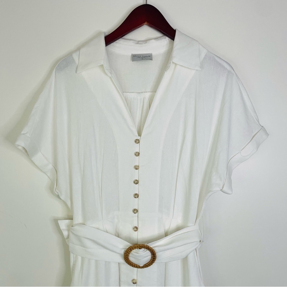 Dress Forum linen button-front midi dress belted-waist white medium - Picture 3 of 10